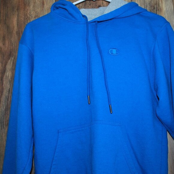 S0889 CHAMPION Powerblend Fleece Hoodie 'Embroidered C Logo' Blue Men's Small - Picture 4 of 5